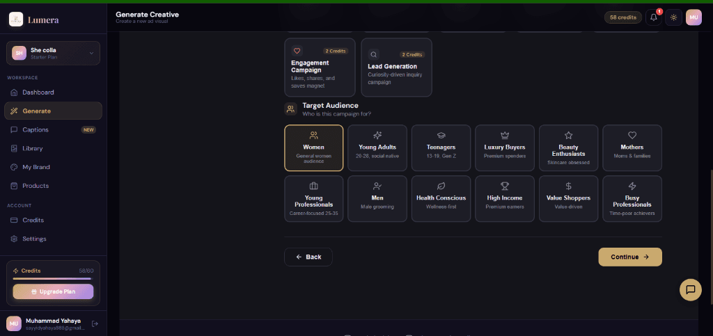 Lumera AI Creative Platform Dashboard